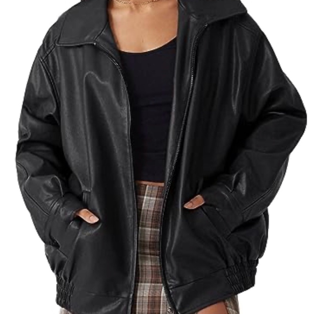 Black Faux Leather Bomber Jacket - Women